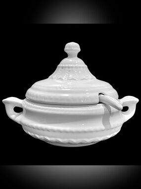 Vintage 1970s Elpa Alcobaca Portugal White Ceramic Tureen and Ladle Set